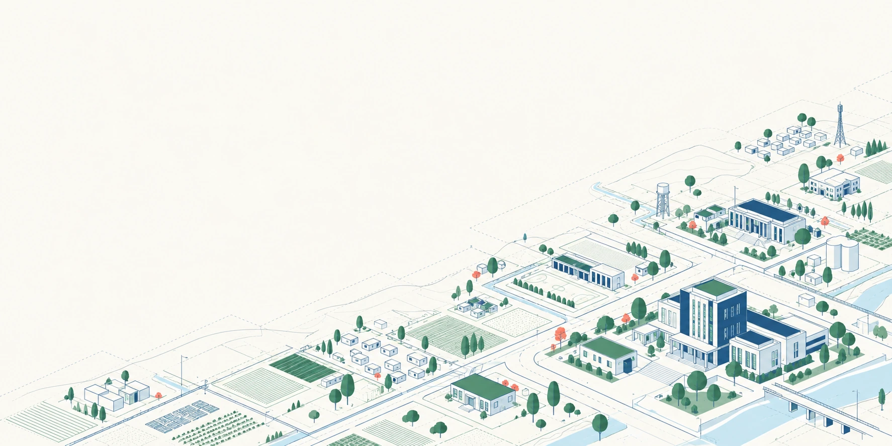Illustration isométrique de territoires, bâtiments et infrastructures reliés, aux couleurs du CCFIDL.